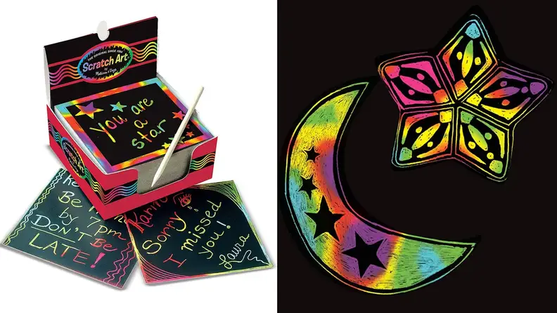 Left: scratch art note pads with sample messages, right: close-up of scratch art