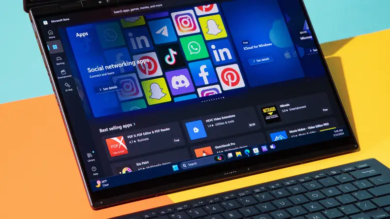 Assorted apps featured in the Microsoft store on screen of the 2024 Asus Zenbook Duo laptop.