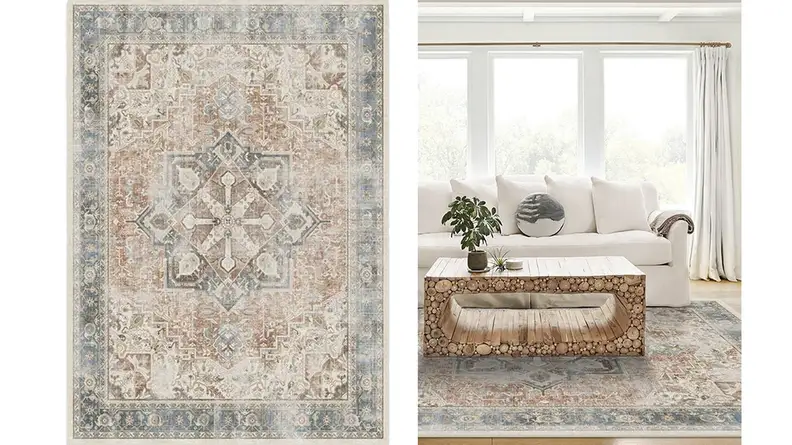 Two images of a distressed Persian style rug