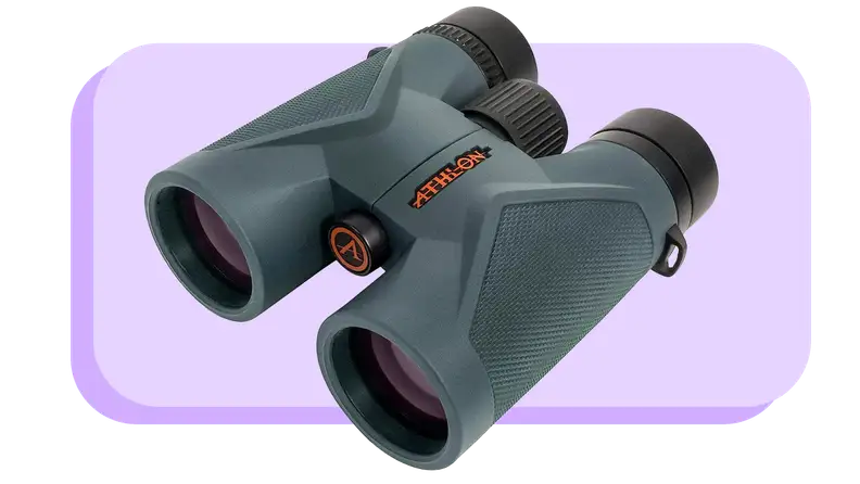 Product shot of the Athlon Optics Midas Binoculars in navy color with orange accents.