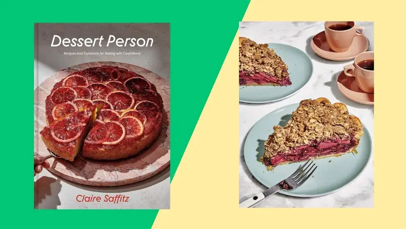 Front and back of cookbook cover that have dessert artwork.