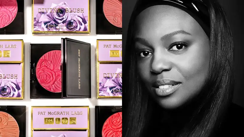 On the left: Blush compacts open to reveal pink powder lay open on a white background. On the right: A black and white photo of makeup artist Pat McGrath.