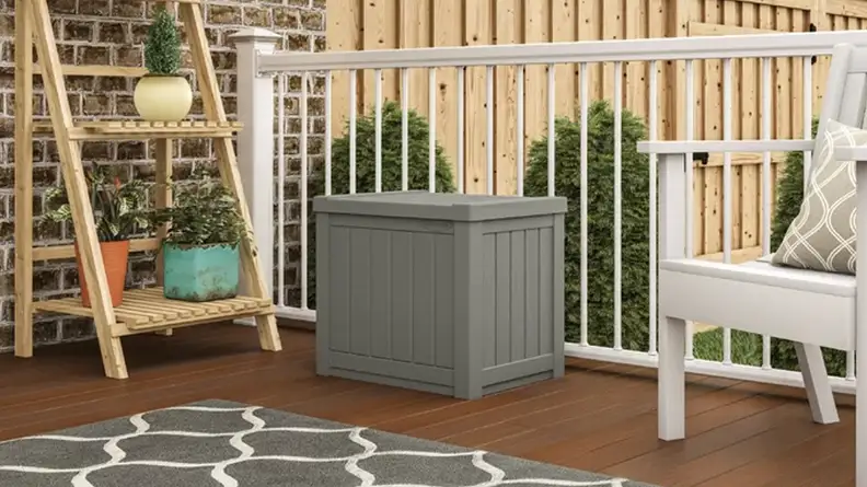 A storage bin on a porch