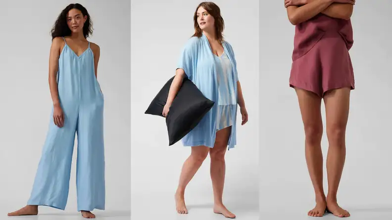 Three images: the first of a pale blue sleep romper, the second of a woman holding a black satiny pillowcase, and the third of a woman seen from the torso down wearing a matching pink shorts and camisole set.