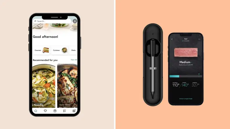 A smartphone displaying the Yummly app  next to an image of the Yummly thermometer.