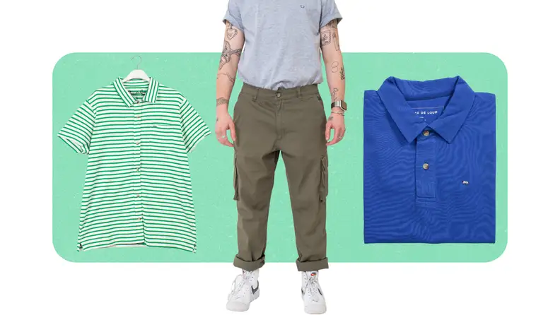A blue polo shirt, a button-up shirt with green and white stripes, and a pair of green cargo pants.