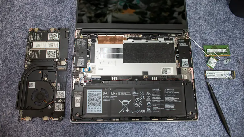 Overhead shot of the bare laptop with the mainboard taken out.