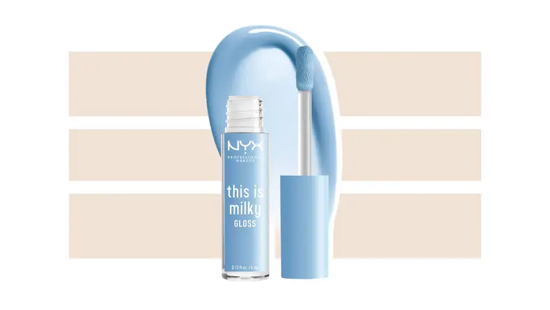 NYX This Is Milky Gloss Lip Gloss in FO-MOO against a beige and white background.
