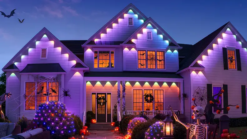 A home decorated for Halloween with Govee Permanent Outdoor Lights 2 Pro lining the roofline in purple and teal.