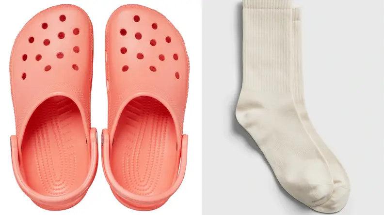Chili red Croc clogs, beige socks from Gap.