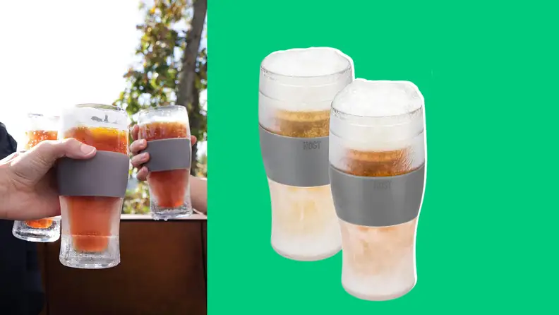 Photo of hands cheersing frozen beer glasses next to a photo of the glasses on a dark green background