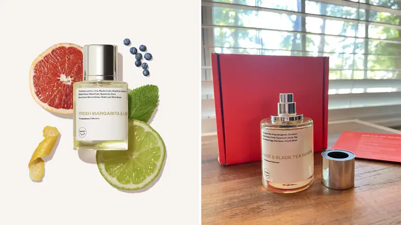 A bottle of perfume surrounded by the scent ingredients, and a bottle of perfume in front of a red box.