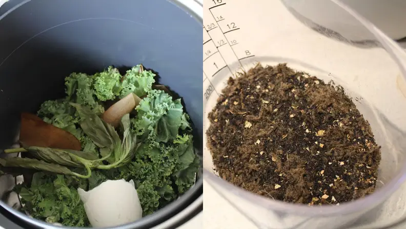The inside of a Vitamix Eco 5 FoodCycler next to a plastic measuring cup with compost inside it.