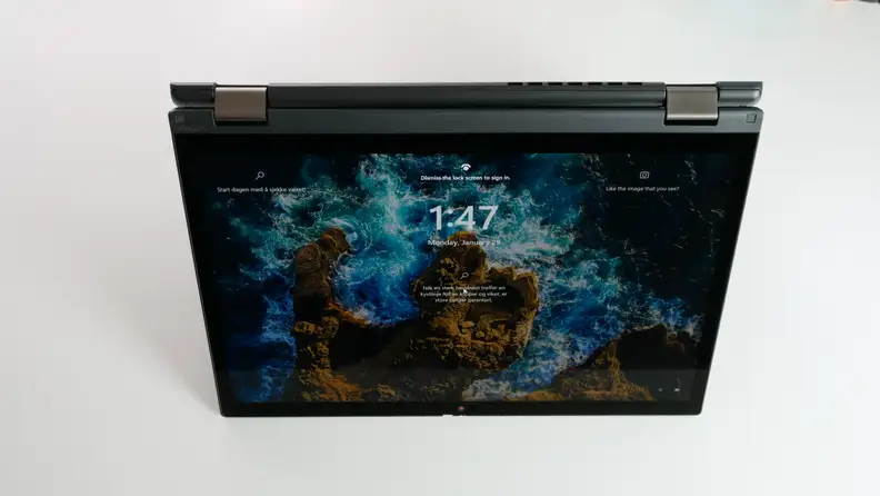 Lenovo ThinkPad L13 Yoga laptop folded in half with tablet screen showing.