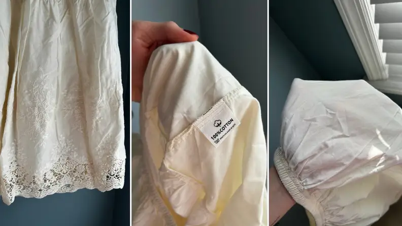 Three closeup images of white lacy skirt, one showing tag with fabric information.