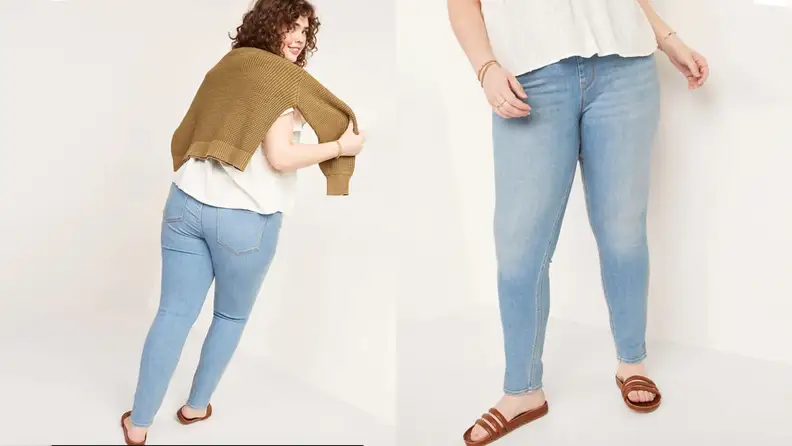 A model wears light-washed jeggings.