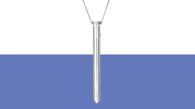 Product shot of the Crave Vesper bullet silver necklace vibrator.