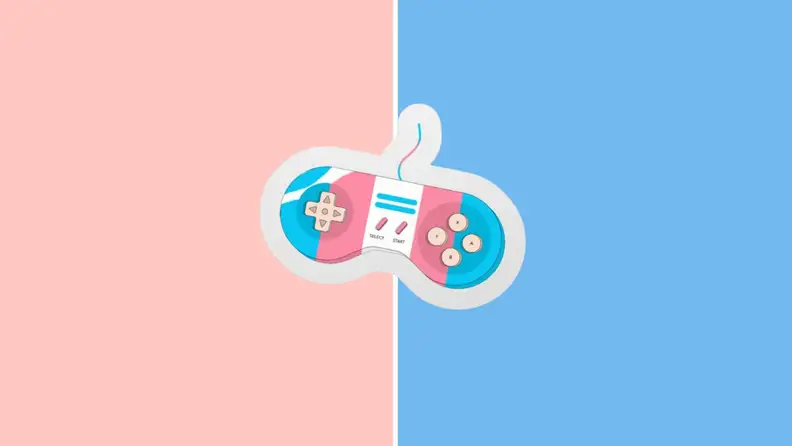 A sticker featuring a generic video game controller with the trans flag.