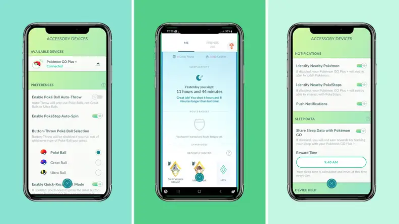 Three smartphones side-by-side featuring the Pokémon Go Plus + app on the screen.