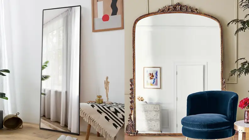 Plain black floor-length mirror on the left, large ornate gold vintage-looking mirror on the right