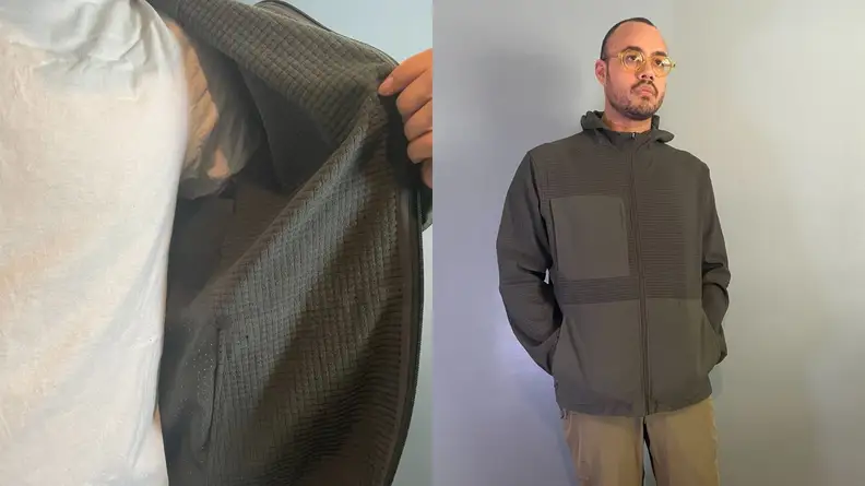 man wearing white T-shirt holding open Moon Drift jacket, man wearing Moon Drift jacket with hands in pocket