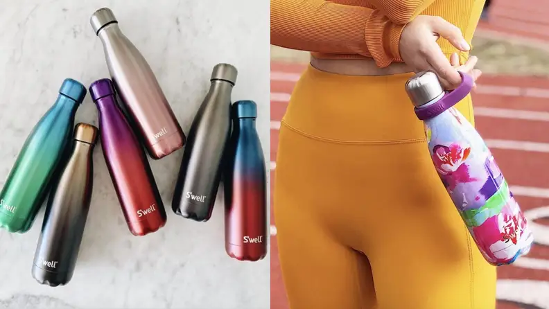 On the left: 6 different colored aluminum water bottles on aa white background. On the right: A person's hand holding a flower-print water bottle