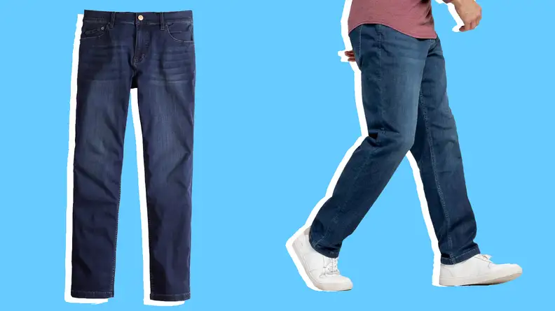 A pair of mugsy jeans and a model walking while wearing a pair of Mugsy jeans.