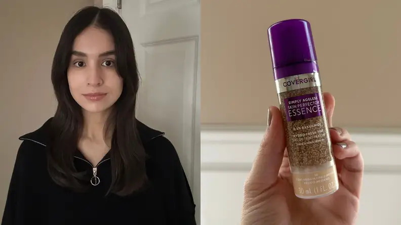Portrait of a woman and a bottle of foundation against a wall.