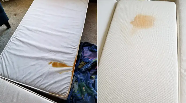 On the left: A crib mattress with a puddle of coffee on it. On the right: A crib mattress with a stain from tomato sauce.