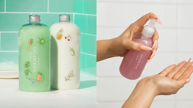 On the left: A green Function of Beauty shampoo and a white conditioner sit on the side of a white tub with a green tiled background. On the right: A person holds their right hand out and pumps a pink shampoo with their left hand.