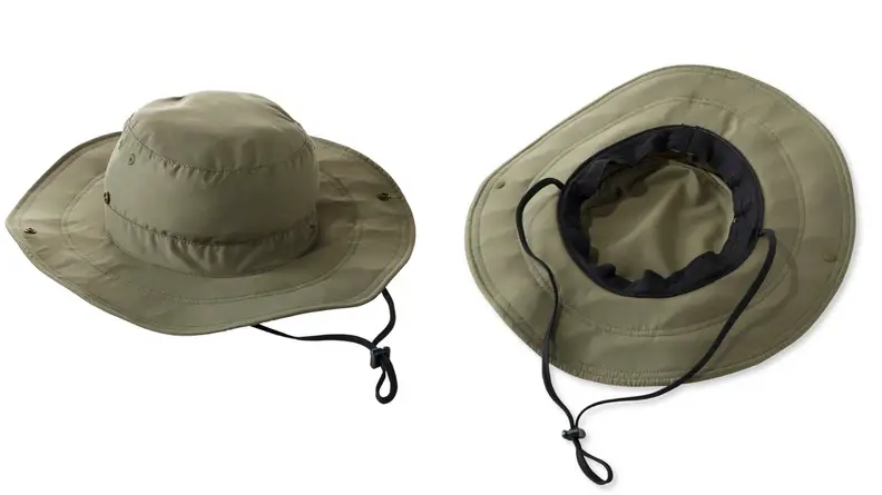 wide brim bucket hat with chin strap