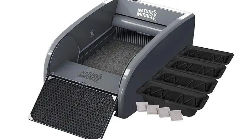 A black plastic litter box features a ramp for cats to wipe their paws