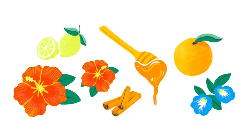 Illustrated hibiscus flowers, a honey wand with honey dripping from it, an orange, and cinnamon sticks.