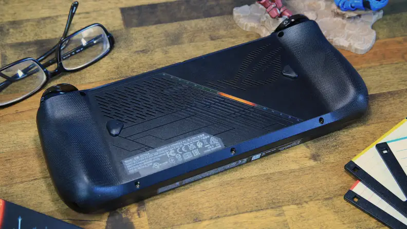 The back of the Asus ROG Ally X, covered in textured Asus logo grips.