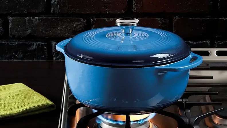 A Lodge Dutch oven in royal blue.