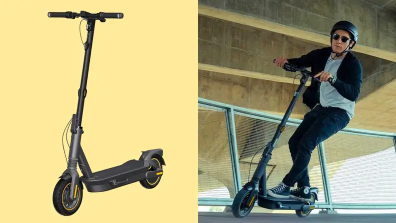 An electric scooter alone on the left and a man riding the same scooter outdoors on the right