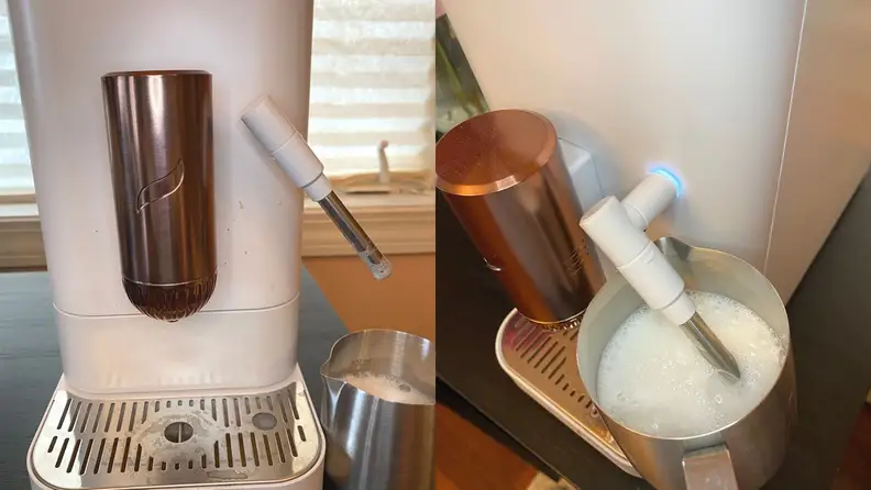 On left, a photo of the Cafe Affetto with steam wand pulled out. On right, photo of the steam wand steaming a jug of milk.