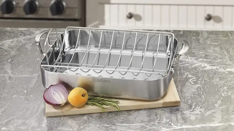 A silver roasting tray.
