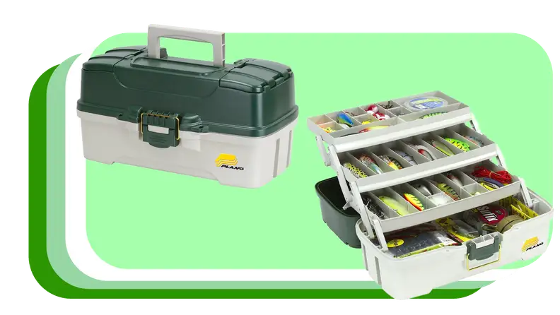 Opened and closed tackle box with fishing bait inside.