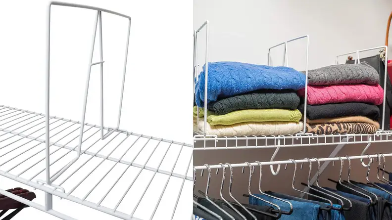 A wire shelf divider separating clothing.