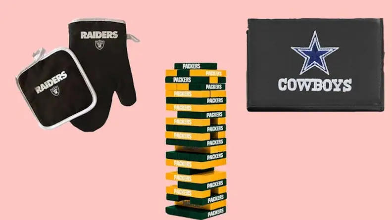 Pink graphic with images of NFL memorabilia