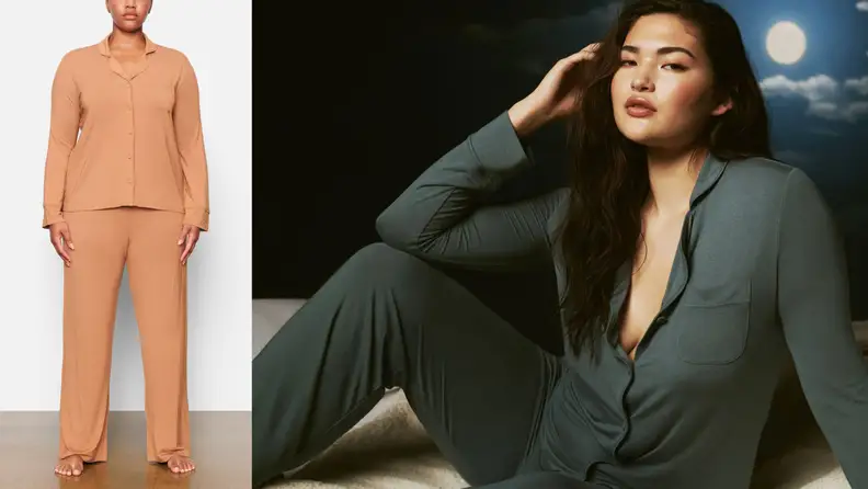 woman standing on white background wearing PJs next to a woman modeling PJs in the night sky