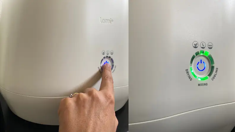 Left side shows a hand pressing the button on a Lomi composter. Right side shows the button lit up.