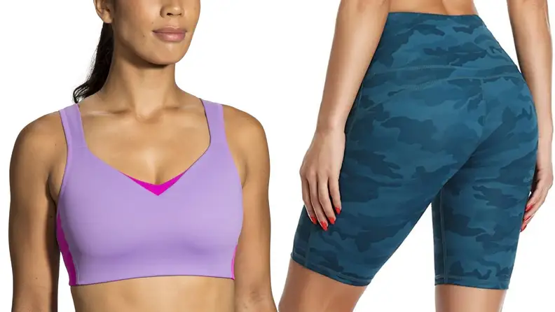Woman wearing a pink sports bra next to a close-up shot of a woman wearing bike shorts