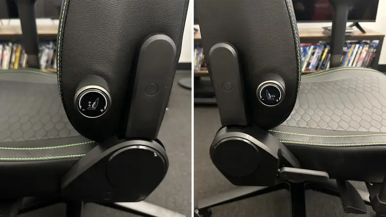 A composite image showing close-ups of the lumbar support dials on either side of the chair.