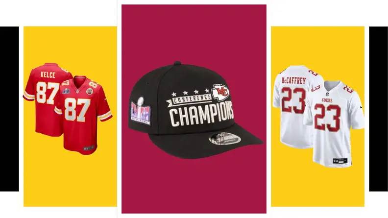 Red Kelce 87 jersey, black Kansas City Chiefs conference champions cap, and white McCaffrey jersey