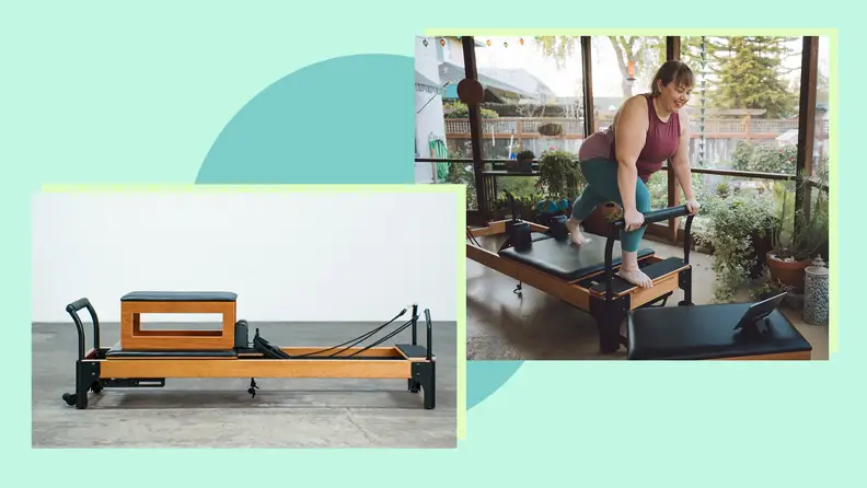 A wooden Flexia reformer in a carpeted room, and a person using the reformer in a glass porch.