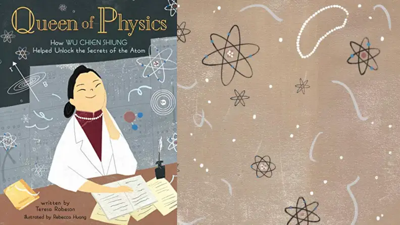 Children's book about Wu Chien Shiung. Cartoon of woman studying at desk.