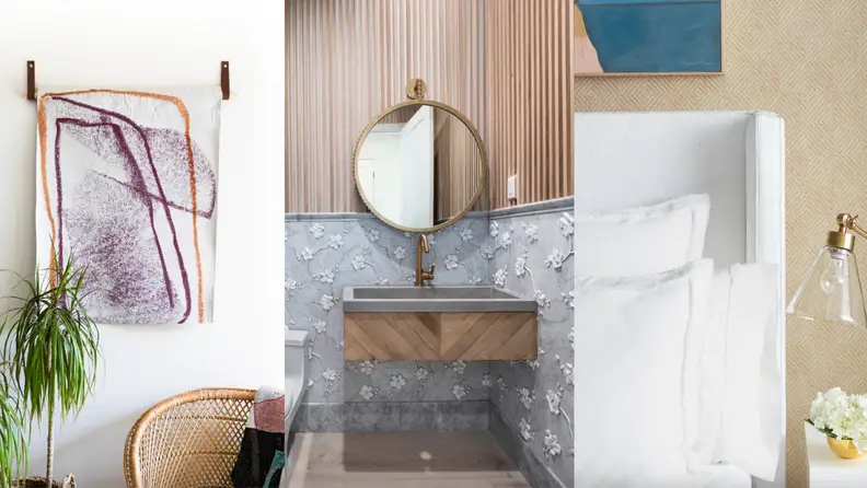 On left, colorful tapestry hanging on wall. In middle, bathroom with floral 3D print wallpaper. On right, tan textured wallpaper in bedroom behind bed frame.