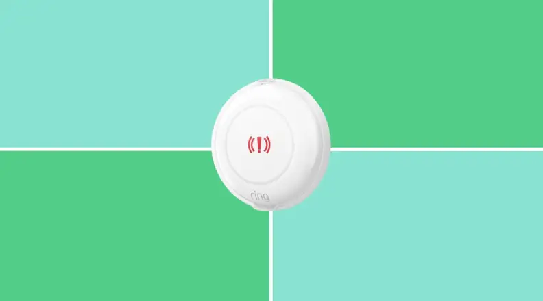 The Ring Alarm Panic Button on a blue and green background
